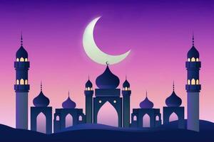 Beautiful Mosque Illustration with Crescent Moon on Gradient Background. Eid Mubarak Concept. photo