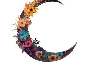 Decorative Beautiful Floral Crescent Moon Element, Eid Mubarak Concept. . photo