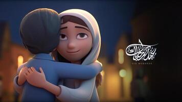 Eid Mubarak Banner Design With Adorable Kids Character Hugging. . photo