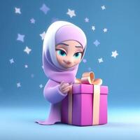 adorable disney estilo avatar de musulmán niña vistiendo hijab con regalo caja, eid Mubarak concepto, generativo ai. foto