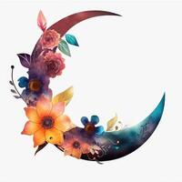 Decorative Beautiful Floral Crescent Moon Element, Eid Mubarak Concept. . photo