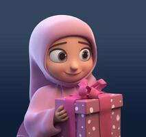 disney estilo, adorable musulmán niña personaje participación un regalo caja, eid Mubarak concepto, generativo ai. foto