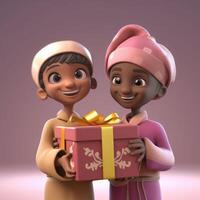 adorable dibujos animados avatar de alegre africano musulmán Niños con un regalo caja, eid Mubarak concepto, generativo ai. foto