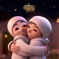 Eid Mubarak Greeting Card Or Poster Design With Adorable Boy Character Hugging. . photo