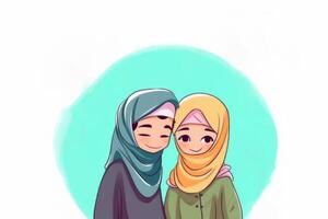 Adorable Muslim Girls Character Wearing Hijab on Background. Eid Mubarak Concept. photo