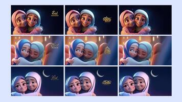 Set of Eid Mubarak Banner Design with Cute Muslim Girl Character Hugging Together. photo