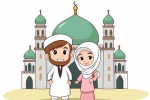 adorable dibujos animados avatar de musulmán joven Pareja y mezquita en fondo, eid Mubarak concepto. generativo ai foto