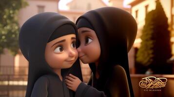 adorable disney estilo avatar de árabe muchachas deseando cada otro para eid Mubarak concepto, generativo ai. foto