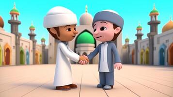 Adorable Cartoon Avatar of Muslim Boys Shaking Hands, Mosque on Background. Eid Mubarak Concept, Generative-AI Digital Illustration. photo