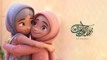 Eid Mubarak Banner Design With Adorable Girls Character Hugging. . photo