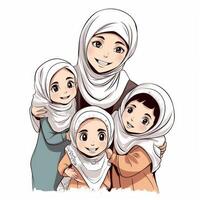 adorable dibujos animados avatar de musulmán muchachas abrazando y deseando cada otro, eid Mubarak concepto. generativo ai foto