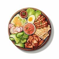 Samgyeopsal Korean food with lettuce, perilla leaves, sliced onions and raw garlic kimchi. photo