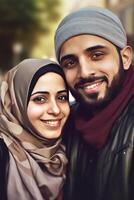 Realistic Portrait of Smiley Young Muslim Couple, Actual Image, . photo