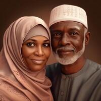 Realistic Portrait of Mid Age Muslim African Couple Wearing Traditional Attire, . photo