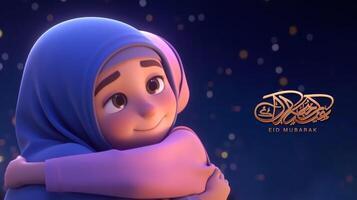 Adorable Disney Style Avatar of Muslim Girls Hugging and Wishing Each Other for Eid Mubarak Concept, Generative AI. photo