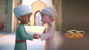 Adorable Disney Style Avatar of Muslim Boys Wishing Each Other in Mosque Interior for Eid Mubarak Concept. . photo