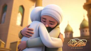 Adorable Cartoon Avatar of Muslim Men Hugging and Wishing Each Other, Blurred Mosque For Eid Mubarak Concept, . photo