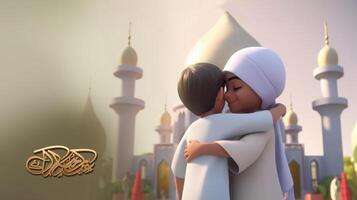 adorable disney estilo avatar de musulmán niños abrazando y deseando cada otro en el ocasión de eid mubarak. generativo ai. foto