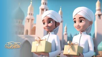 Adorable Disney Style Avatar of Muslim Men Holding Gift Boxes, Mosque Illustration. Eid Mubarak Concept. . photo