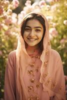 hermosa musulmán joven niña vistiendo hijab en difuminar floral fondo, generativo ai. foto