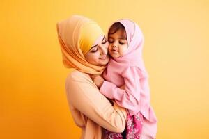 retrato de atractivo musulmán mujer en hijab abrazando su niño, eid Mubarak concepto. generativo ai. foto