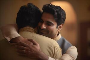 Traditional Attire Indian Men Character Hugging and Wishing Each Other, . photo