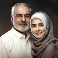realista retrato de medio años árabe pareja, real imagen, generativo ai. foto