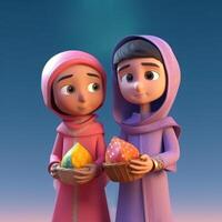 adorable disney estilo personaje de musulmán muchachas participación mimbre cesta, eid Mubarak concepto. generativo ai. foto