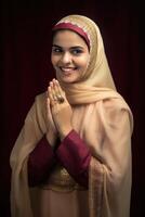 Beautiful Smiling Muslim Woman Wearing Hijab in Welcome Pose, . photo