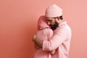 realista musulmán Pareja abrazando juntos en melocotón fondo, generativo ai. foto