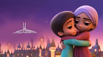 Eid Mubarak Banner Design with Adorable Muslim Kids Characters Hugging and Wishing Each Other. . photo
