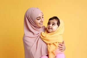 Portrait of Attractive Muslim Woman In Hijab Hugging Her Kid, Eid Mubarak Concept. . photo