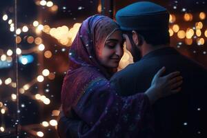 tradicional atuendo musulmán Pareja abrazando en bokeh antecedentes. eid Mubarak concepto, generativo ai. foto