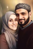 realista retrato de sonriente joven musulmán pareja, real imagen, generativo ai. foto