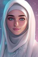 atractivo hermosa musulmán joven niña personaje vistiendo hijab pañuelos en la cabeza, generativo ai. foto