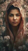 A Gorgeous Indian Woman Wearing Hijab Headscarves on Floral Background, . photo