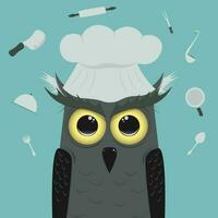 happy owl chef cook in hat with cooking accessories vector