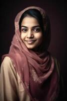 hermosa indio musulmán joven niña vistiendo pañuelos en la cabeza hijab en oscuro fondo, generativo ai. foto