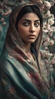 un maravilloso indio mujer vistiendo hijab pañuelos en la cabeza en floral fondo, generativo ai. foto