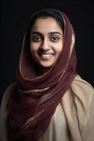 hermosa indio musulmán joven niña vistiendo pañuelos en la cabeza hijab en oscuro fondo, generativo ai. foto