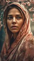 un maravilloso indio mujer vistiendo hijab pañuelos en la cabeza en floral fondo, generativo ai. foto