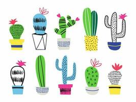 conjunto de cactus en macetas. vector ilustración.