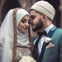 retrato de musulmán Boda Pareja vistiendo tradicional atuendo durante el matrimonio ceremonia, generativo ai. foto