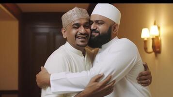 Happy Two Muslim Men Wearing Skull Cap And Traditional Kurta In Hugging Pose at the Room. Illustration. photo