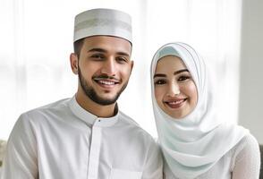 realista retrato de contento musulmán Pareja vistiendo tradicional atuendo durante eid celebracion, generativo ai. foto