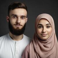 realista retrato de joven musulmán Inglés Pareja juntos, real imagen, generativo ai. foto