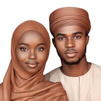 Realistic Portrait of Young Muslim African Couple Wearing Traditional Attire, . photo