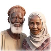 Realistic Portrait of Old Muslim African Couple Wearing Traditional Attire, . photo