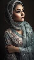 realista ver de muy atractivo joven islámico mujer vistiendo hiyab generativo ai ilustración. foto
