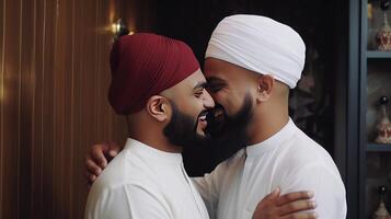 contento dos musulmán hombres vistiendo cráneo gorra y tradicional kurta en abrazando actitud a el habitación. generativo ai ilustración. foto